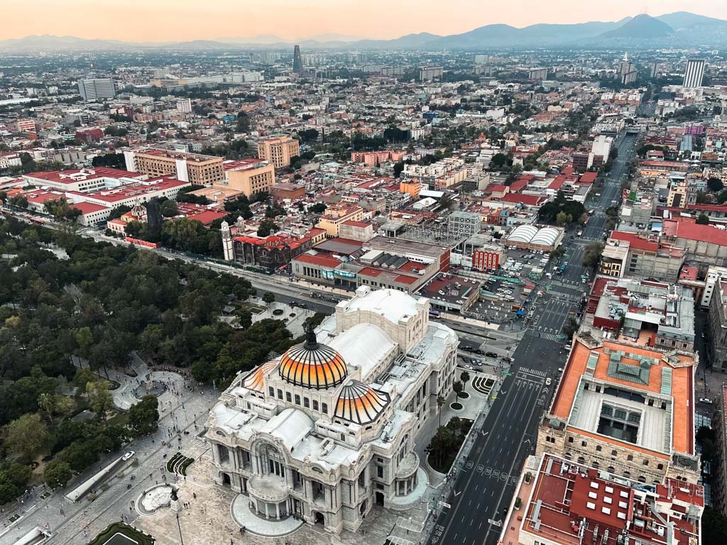 Aerial view of Palacio de Bellas Artes, and the beautiful surroundings in the center of Mexico City.