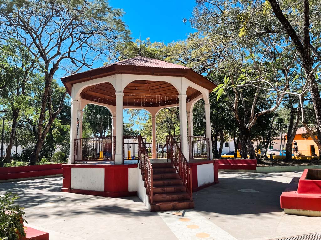 Parque San Martin, with a gazebo and lots of trees and their shades. A beautiful place in Suchitoto.