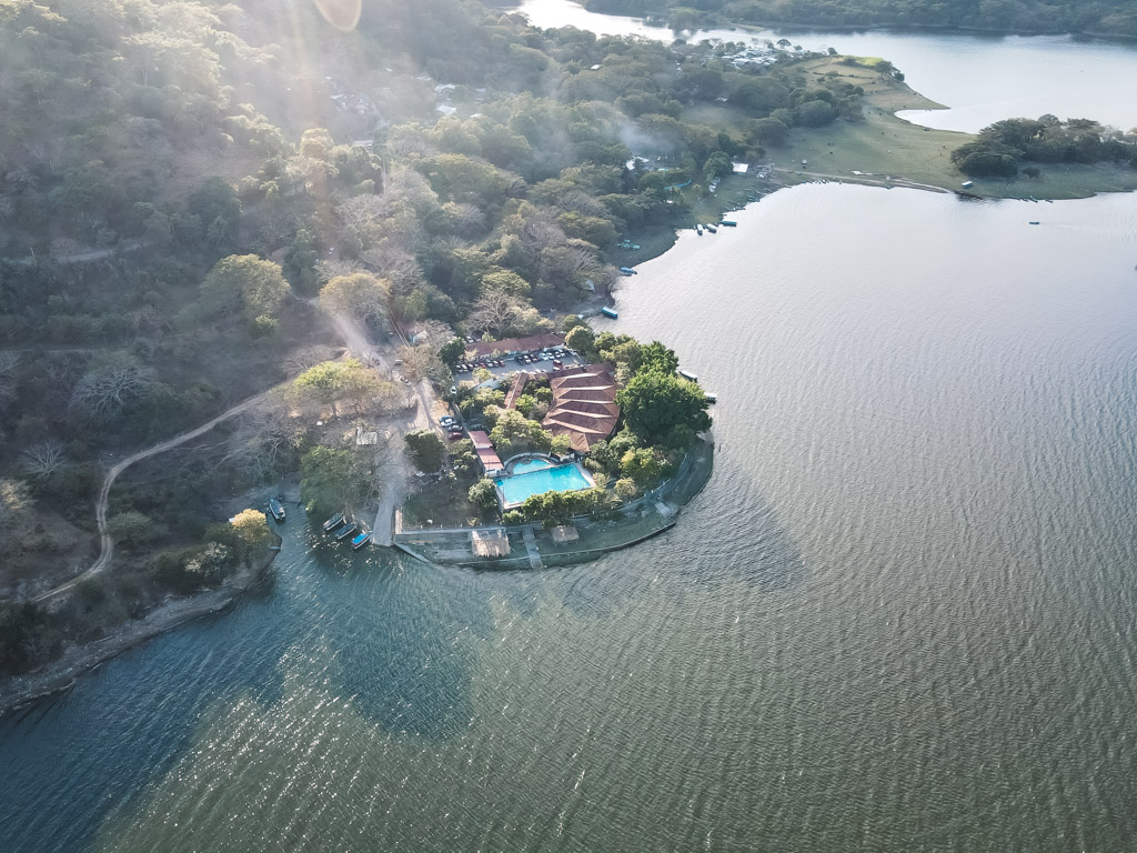 An aerial view of Puerto San Juan next to Lake Suchitlan.