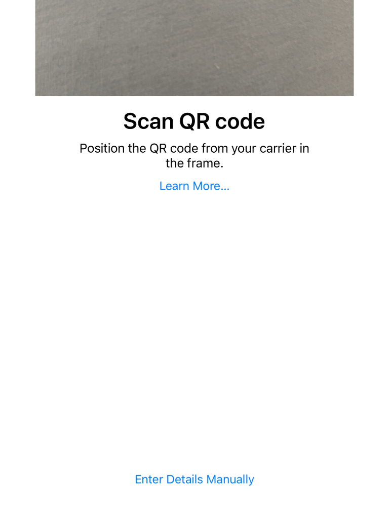 A screenshot of an iphone to read the QR code to activate eSIM or enter details manually.