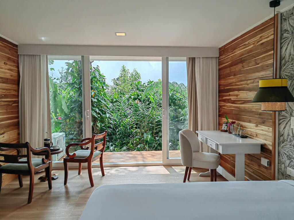 A lower floor room with garden view in Monteverde Lodge and Gardens in Costa Rica.