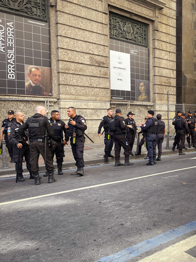 Police at the start of the route of a Megabloco during Rio Carnival 2025.