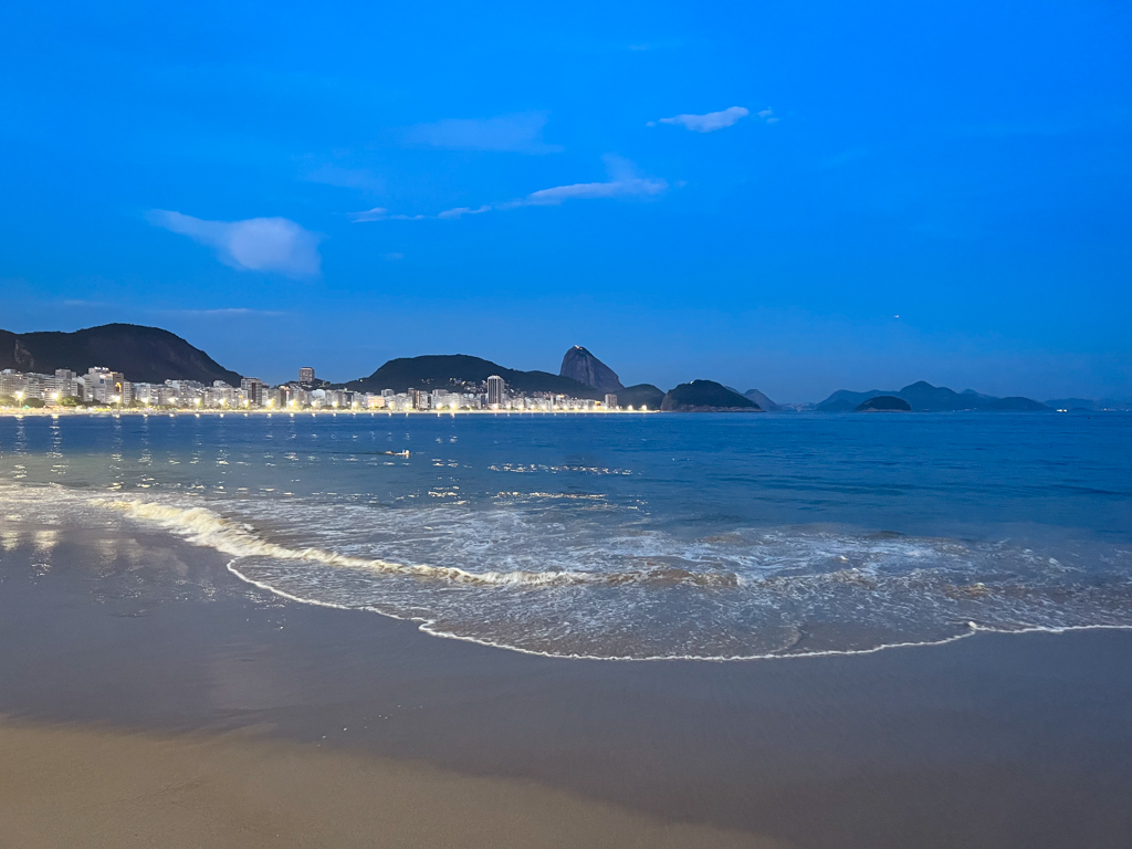 Night view of Copacabana Beach, one of the best areas to stay in Rio de Janeiro.