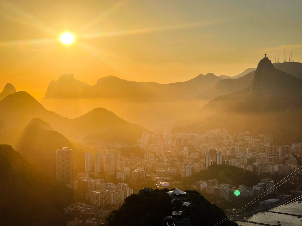 Sunset hour over Rio de Janeiro. View from Sugarloaf Mountain summit.