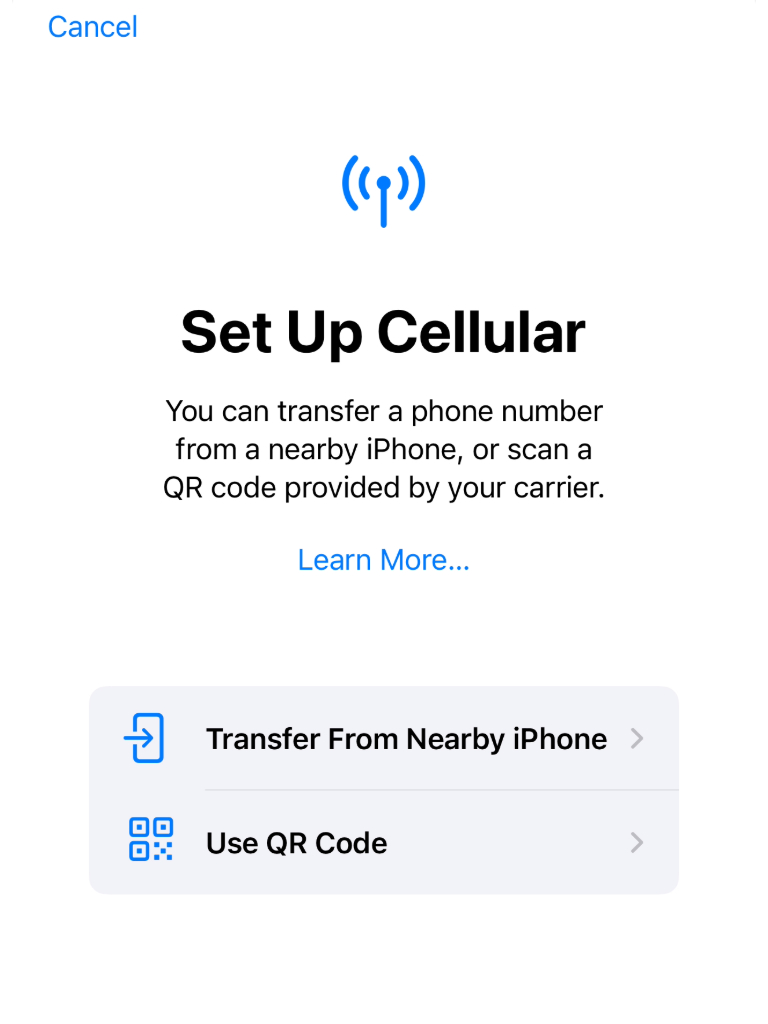 A screenshot of an iphone with options to 'Use QR Code' for activating an eSIM.