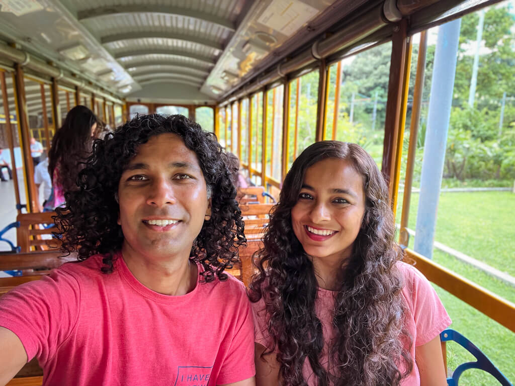 Selfie of a couple onboard the Santa Teresa tram in Rio de Janeiro.