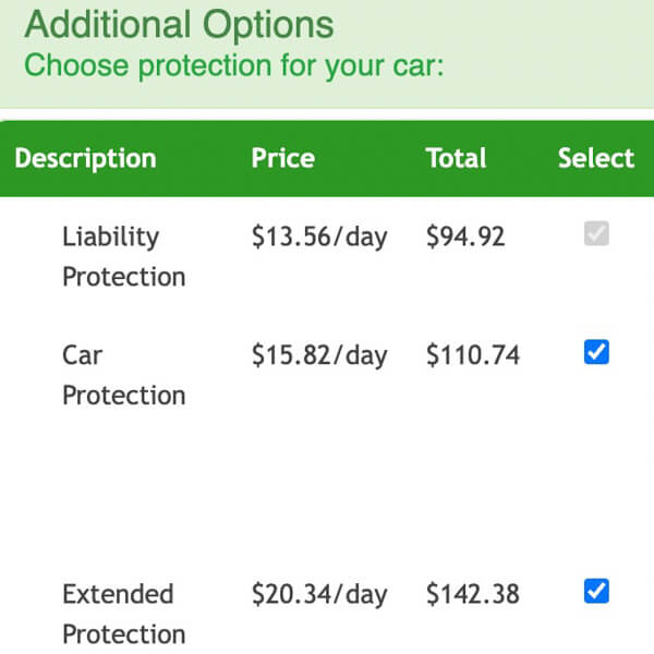 Screenshot of rental car coverage options on Adobe Rent A Car website.