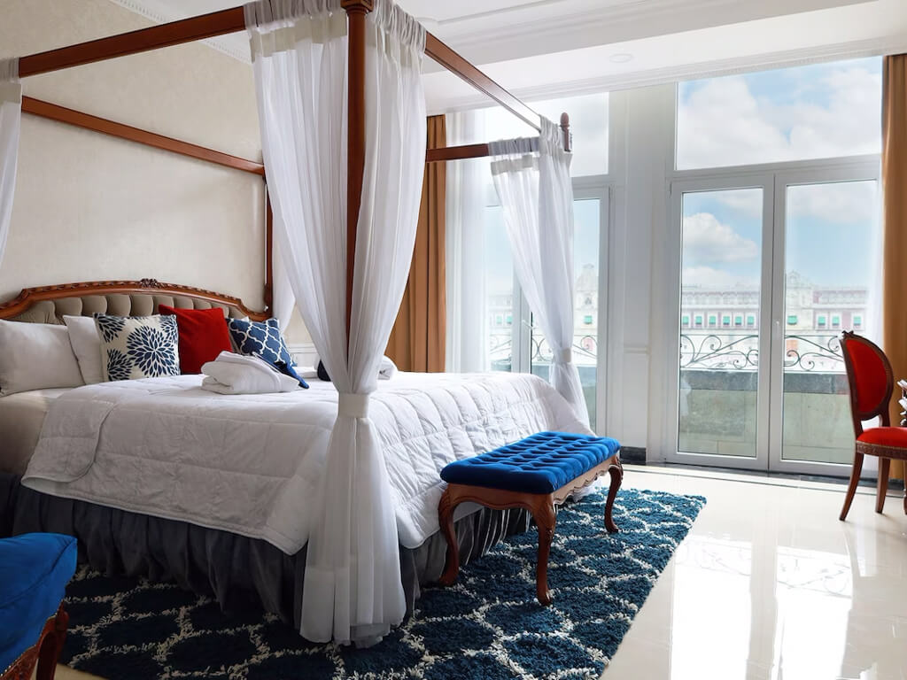 A grand room in the Gran Hotel in Centro Historico of Mexico City with view of Zocalo square.