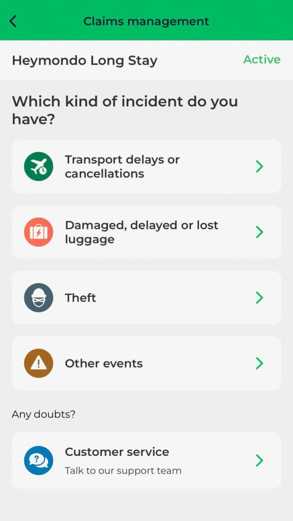 Heymondo app screen for Claims Management.