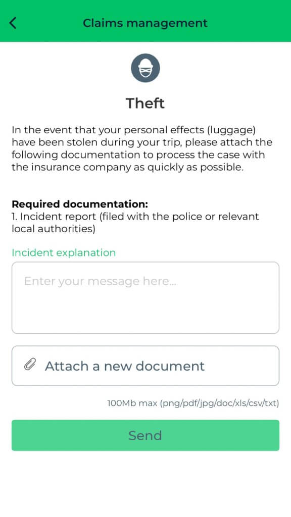 Heymondo App screen - Claims Management for Theft
