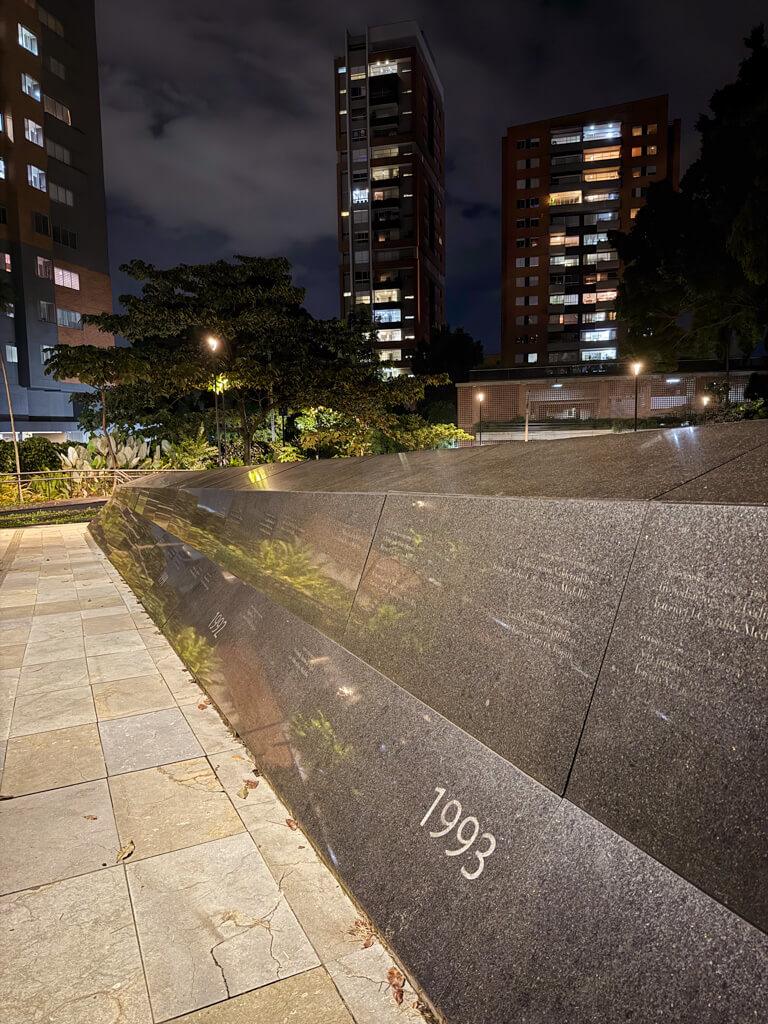 Inflexion Memorial Park, a memorial for the victims of narcoterrorism. This is a reminder why you should avoid a Pablo Escobar tour in Medellin.