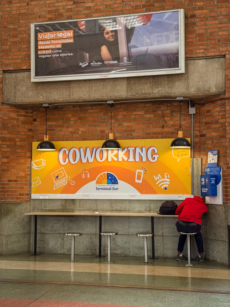 Co-working corner at Terminal del Sur in Medellin.