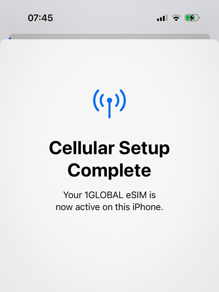 A screenshot of Saily sellular profile setup completion.