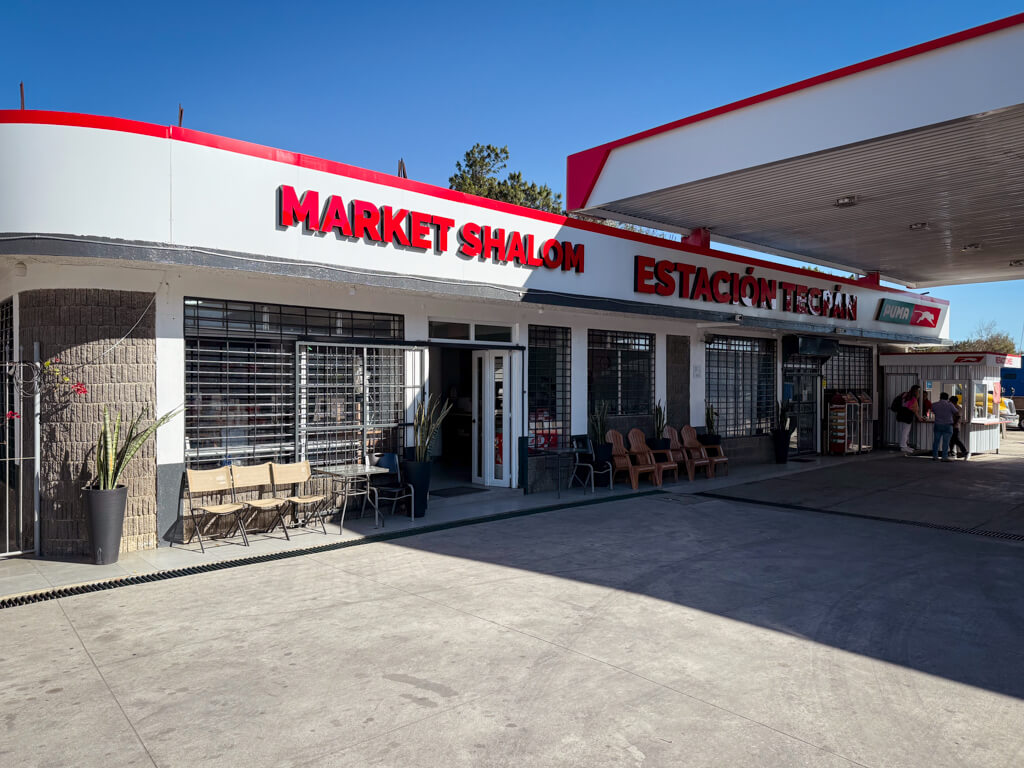Exterior view of Market Shalom at a gas station in Tecpan. This was the pitstop on the way on the direct shuttle ride from Antigua Guatemala to San Pedro Laguna.