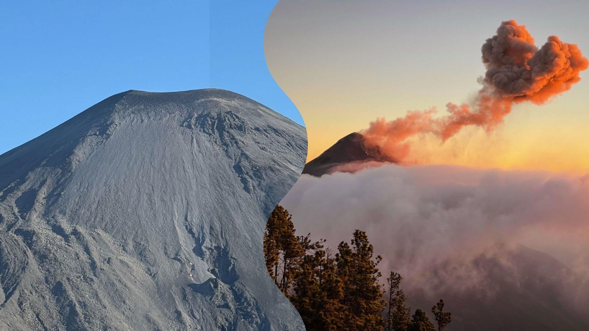 A collage of Fuego volcano from Acatenango volcano, and Pacaya Volcano.