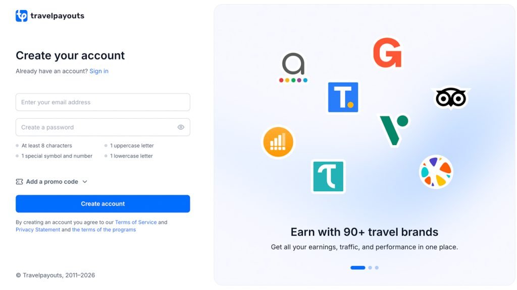 Travelpayouts Sign Up Page Screenshot